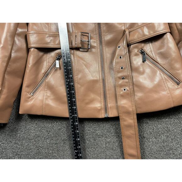 Kenneth Cole Jacket Womens Small Brown Faux Leather Belted Moto Zip Pockets - Picture 6 of 7